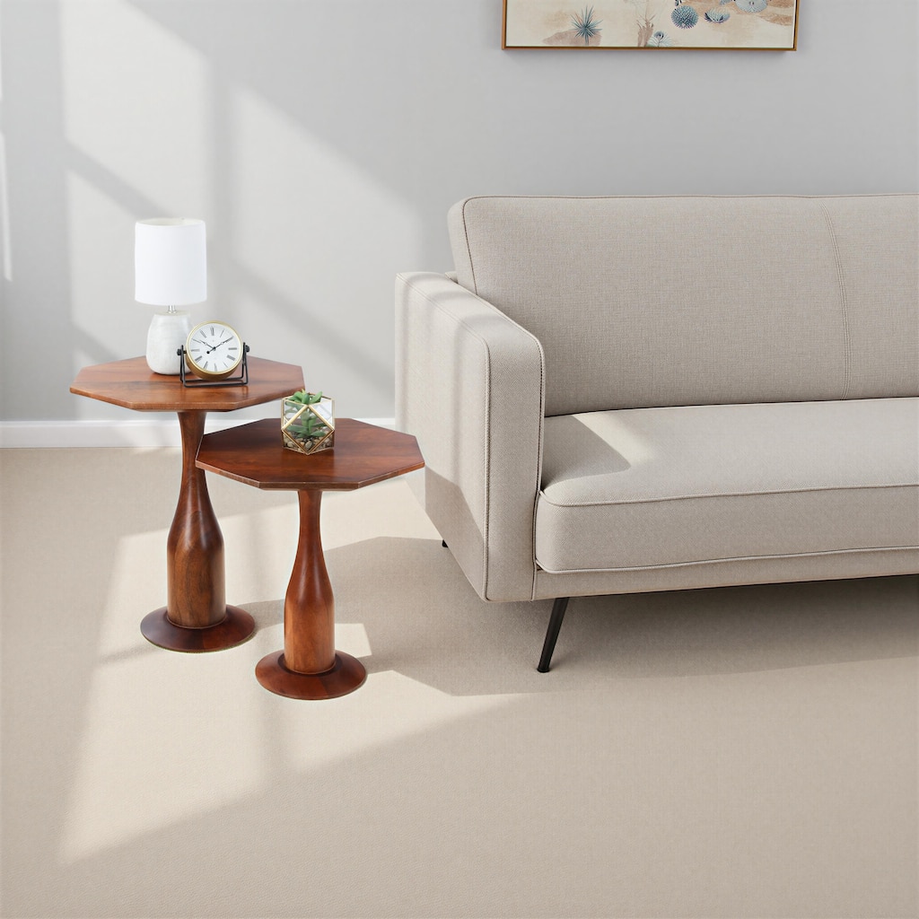 Set of 2 Hexagon Accent Tables with Mango Wood Tops and Pedestal Bases