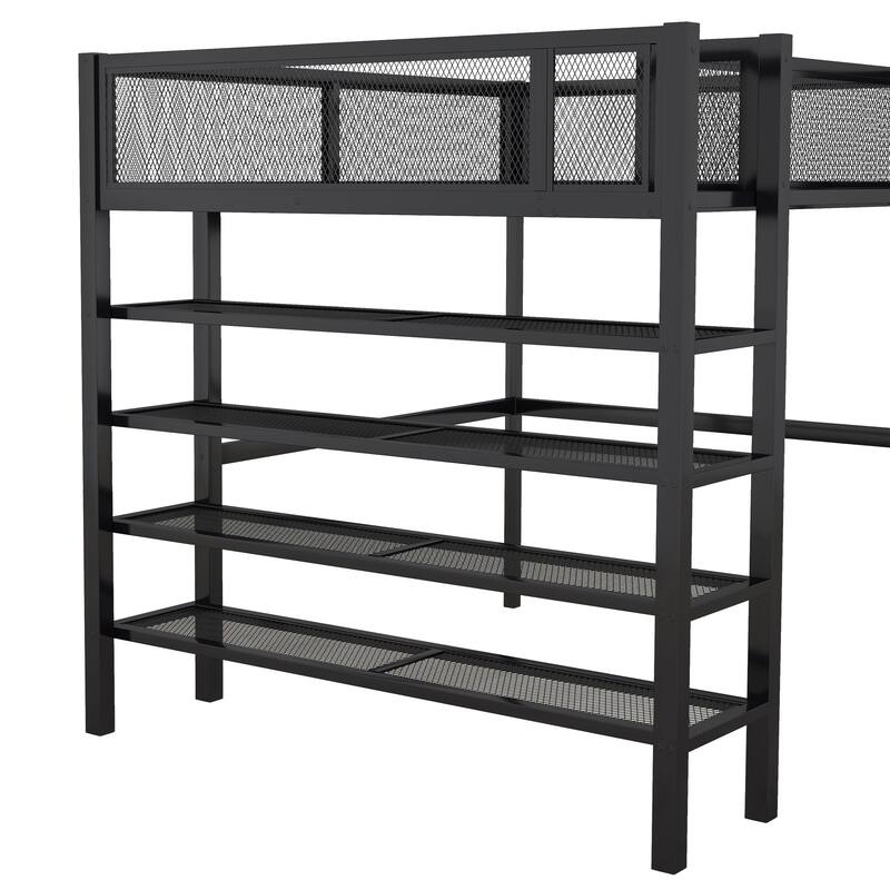 Full Size Metal Loft Bed with 4-Tier Shelves and Storage, Space-Saving Design for Kids & Teens