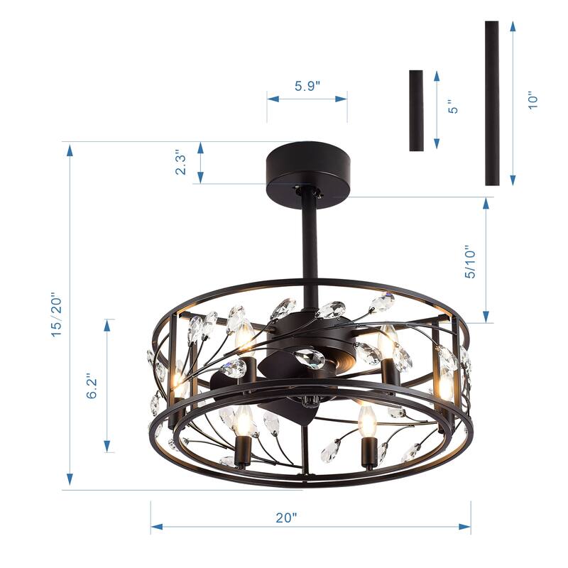 20" Modern Chandelier Caged Ceiling Fan with Light Kit and Remote