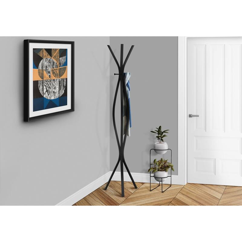 Coat Rack, Hall Tree, Free Standing, 3 Hooks, Entryway, 72"h, Bedroom, Black Metal, Contemporary, Modern