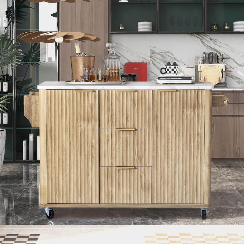 55.5" Fluted Kitchen Island with Drop Leaf and Storage Features Power Outlet and Adjustable Shelves - Natural
