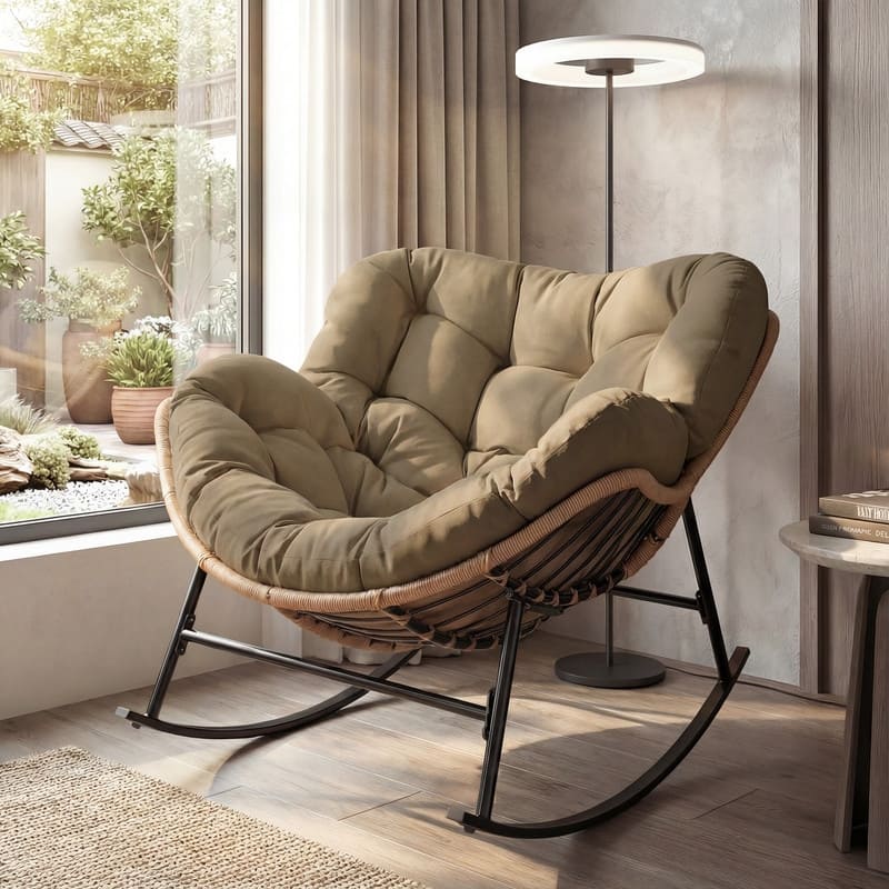 FINCATI Indoor Outdoor Royal Papasan Rocking Chair, 450 lbs Capacity Outdoor Papasan Rocking Chair with Padded Cushion