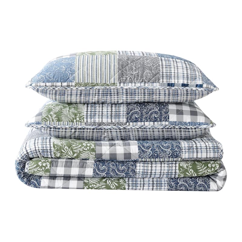 Eddie Bauer Cozy Plaid Patchwork Cotton Reversible Blue Quilt Set