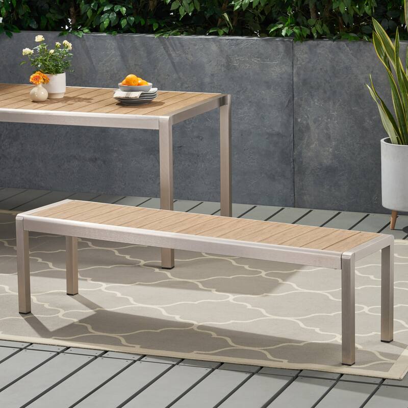Cape Coral Outdoor Modern Aluminum Dining Bench with Faux Wood Seat by Christopher Knight Home - Natural Finish+Silver