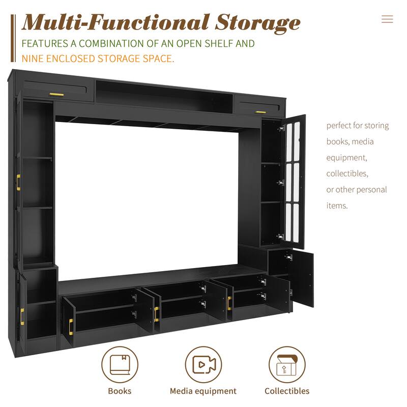 98.4'' Wall Unit Entertainment Center for TVs up to 80'', Modern Media Console with Bookshelves, Glass Doors & Cabinets