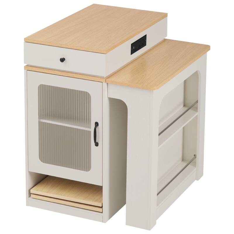 Kitchen Island with Extendable Dining Table, Kitchen Storage Table with 2 Drawers, Power Outlet, Open Shelves, for Diningroom