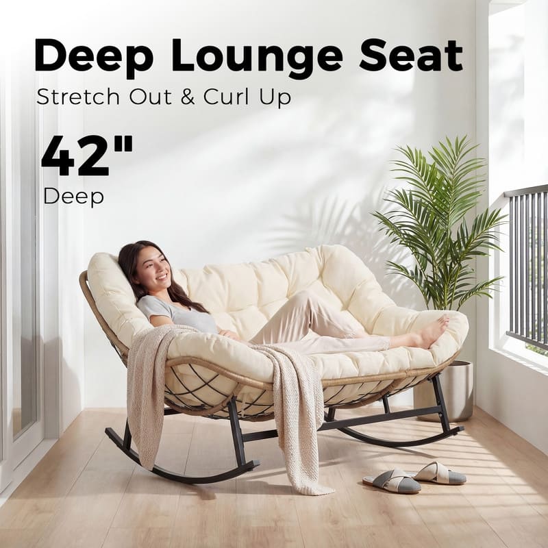 60" Double Papasan Rocking Chair for 2, 700-lb Capacity Wicker Egg Rocker with 5.1" Thick Cushion