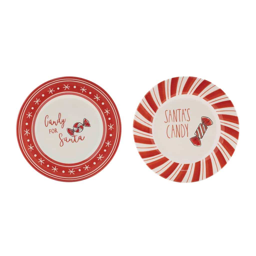 Set of 4 Holiday Ceramic Plates Santa Cookie Tray with Peppermint and Snowflake Christmas Design