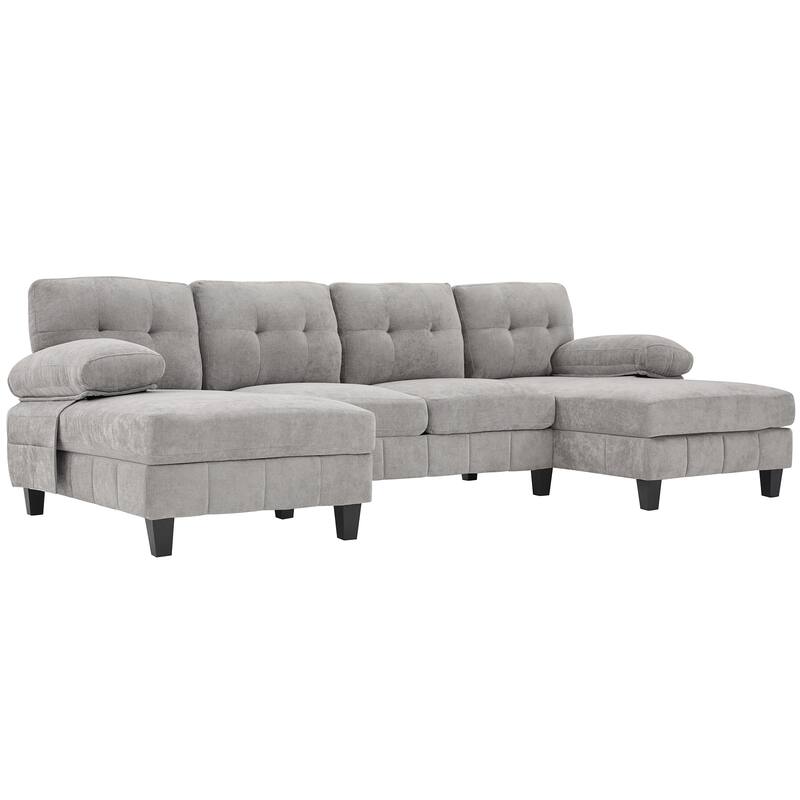 U-Shaped Modular Sectional Sofa with Dual Chaise Lounges, Chenille Fabric Cloud Couch with Storage Pockets & Armrest Pillows