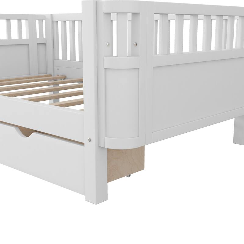 Wooden Daybed with Rails, Low Profile Platform Sofa Bed Frame with 2 Storage Drawers, No Box Spring Needed