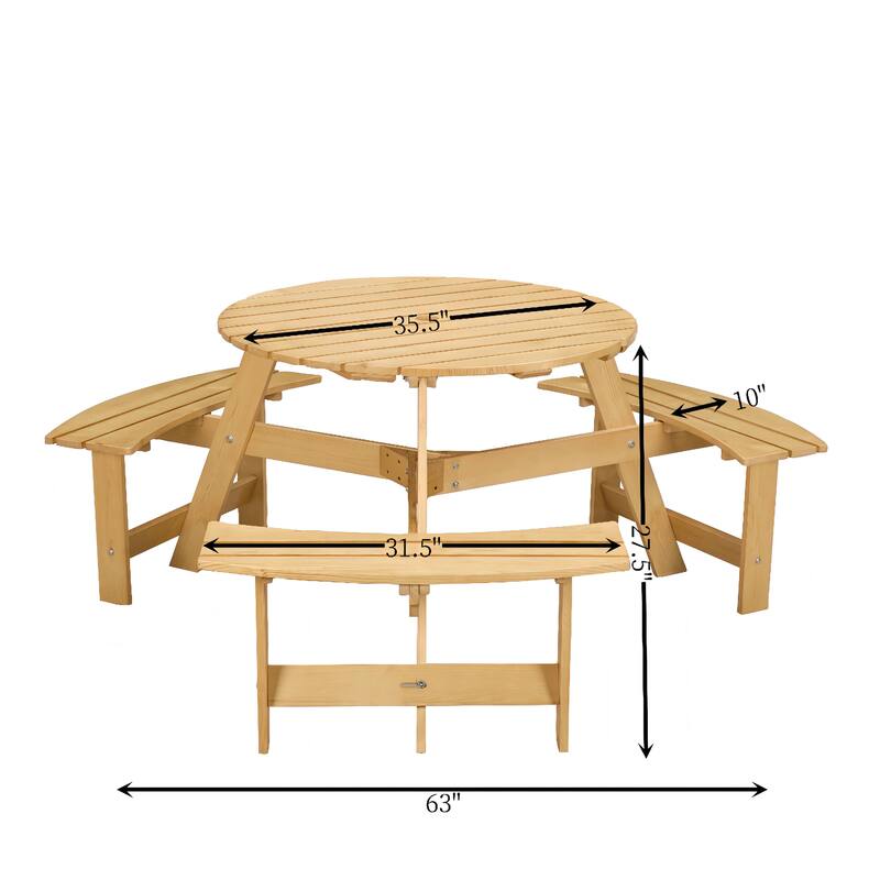 Outdoor 6 Person Round Picnic Table with Bench, Umbrella Hole for Garden, Backyard, Porch, Patio