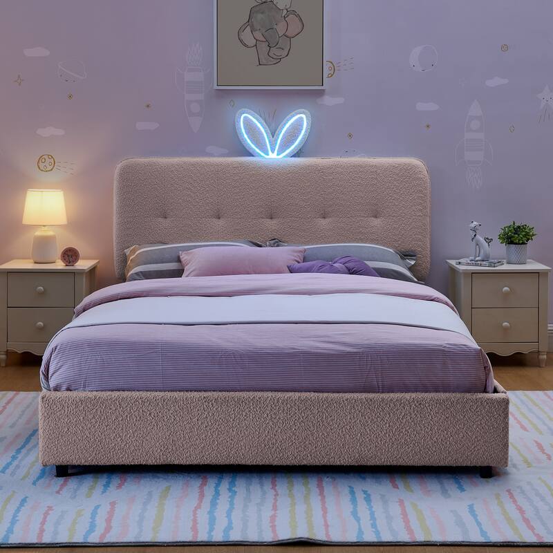 Kids Boucle Upholstered Bed with Rabbit Ear Headboard, LED Music Sync & 4 Drawers