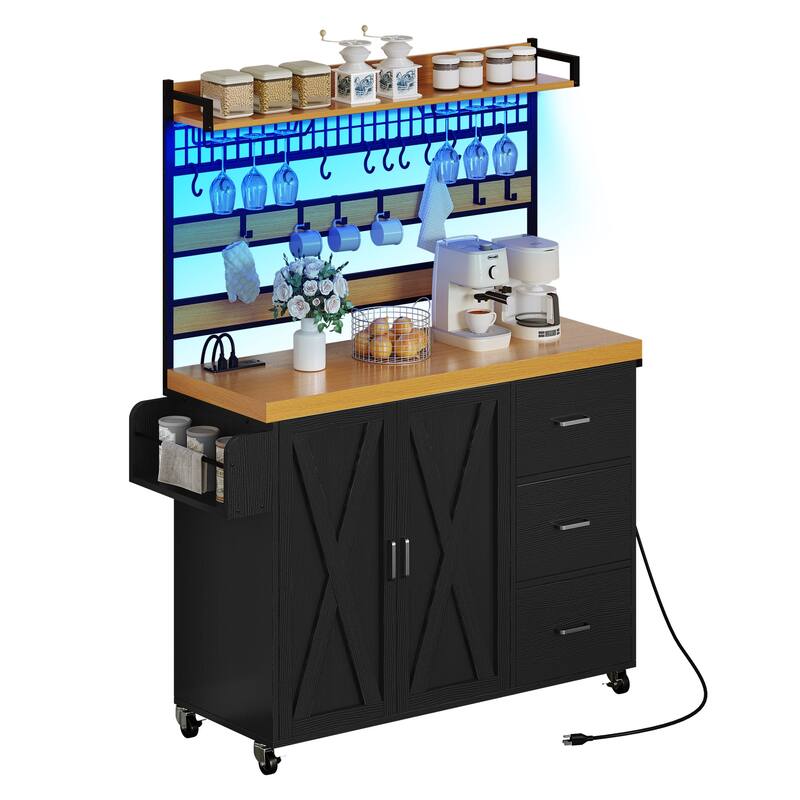 Moasis Large Rolling Kitchen Island With Power Outlet & LED Light, Storage Cabinet With Tall Shelf