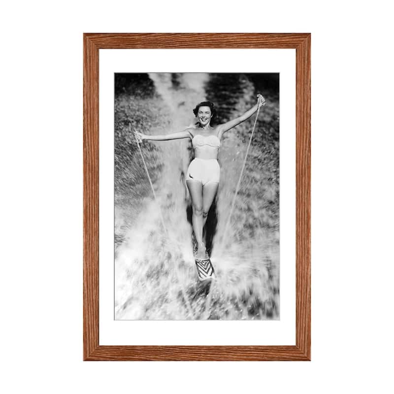 iCanvas "1950s Smiling Woman In White Two Piece Bathing Suit Aquaplaning Water Skiing Looking At Camera" by Vintage Images - Walnut - 24x16x1