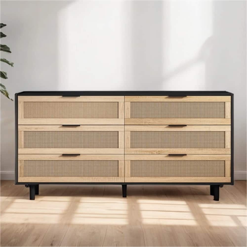 59" Rattan Storage Cabinet with 6 Drawers and Wood Legs