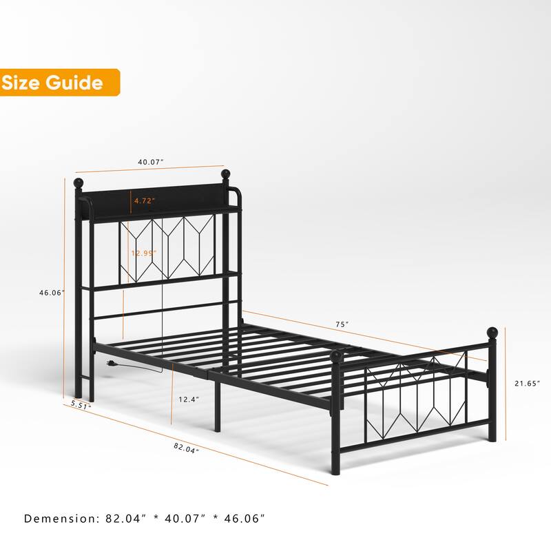 Twin Bed Frames, Headboard and Charging Station & LED Light for Bedroom, Solid and Stable, Noise Free, No Box Spring Needed