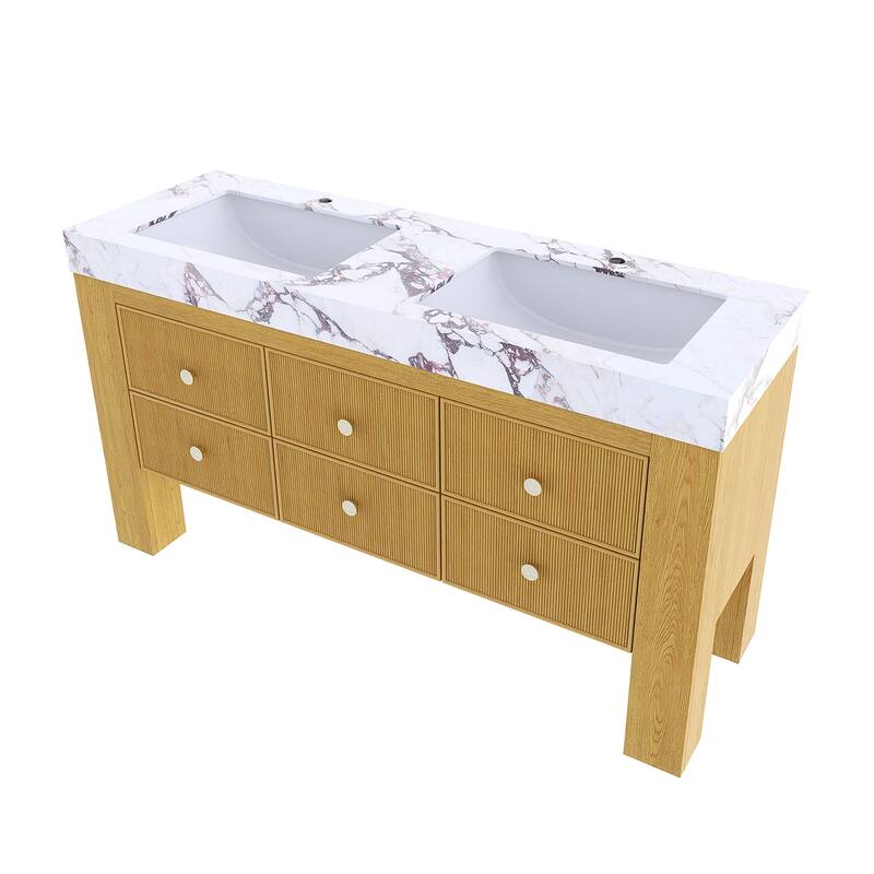 60" Freestanding Bathroom Vanity with 2 Ceramic Sinks - 59.84'' x 19.69'' x 33.46''