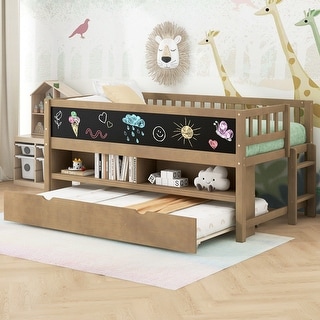 Twin Size Low Loft Bed with Trundle, Solid Wood Bed Frame with Storage Shelves & Blackboard, Space-Saving Design for Small Rooms