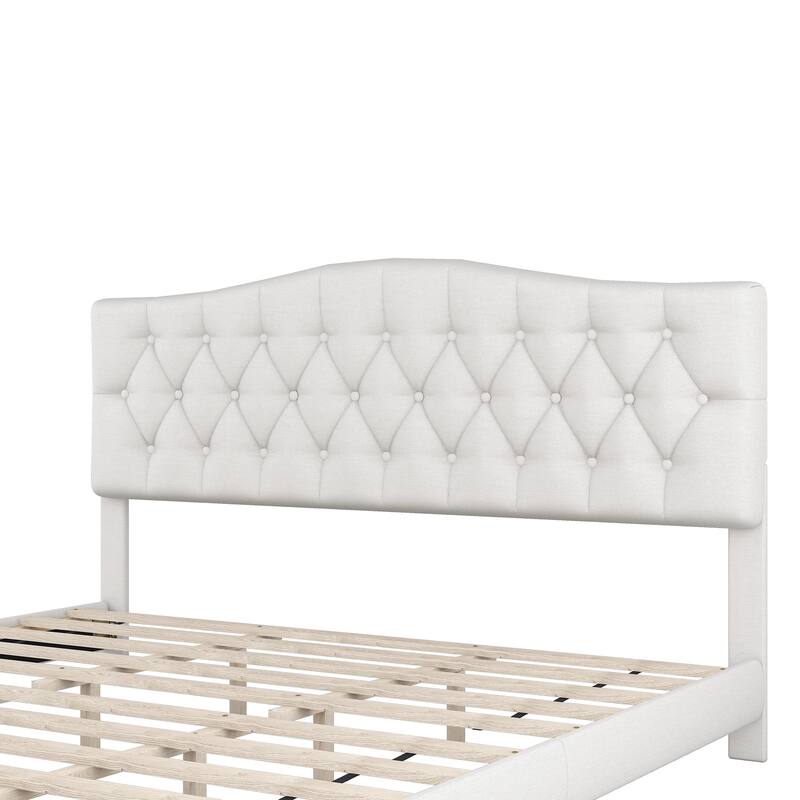 Beige Upholstered Low Profile Platform Bed Frame Saddle Curved Headboard Wingback Bed with Diamond Tufted Details Panel Bed