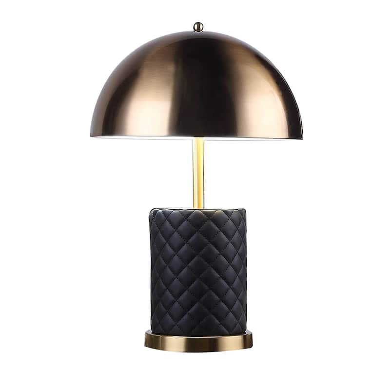 Aria 21 Inch Table Lamp, Dome Shade, Round Base, Black Faux Leather, Brass - Brass, Black