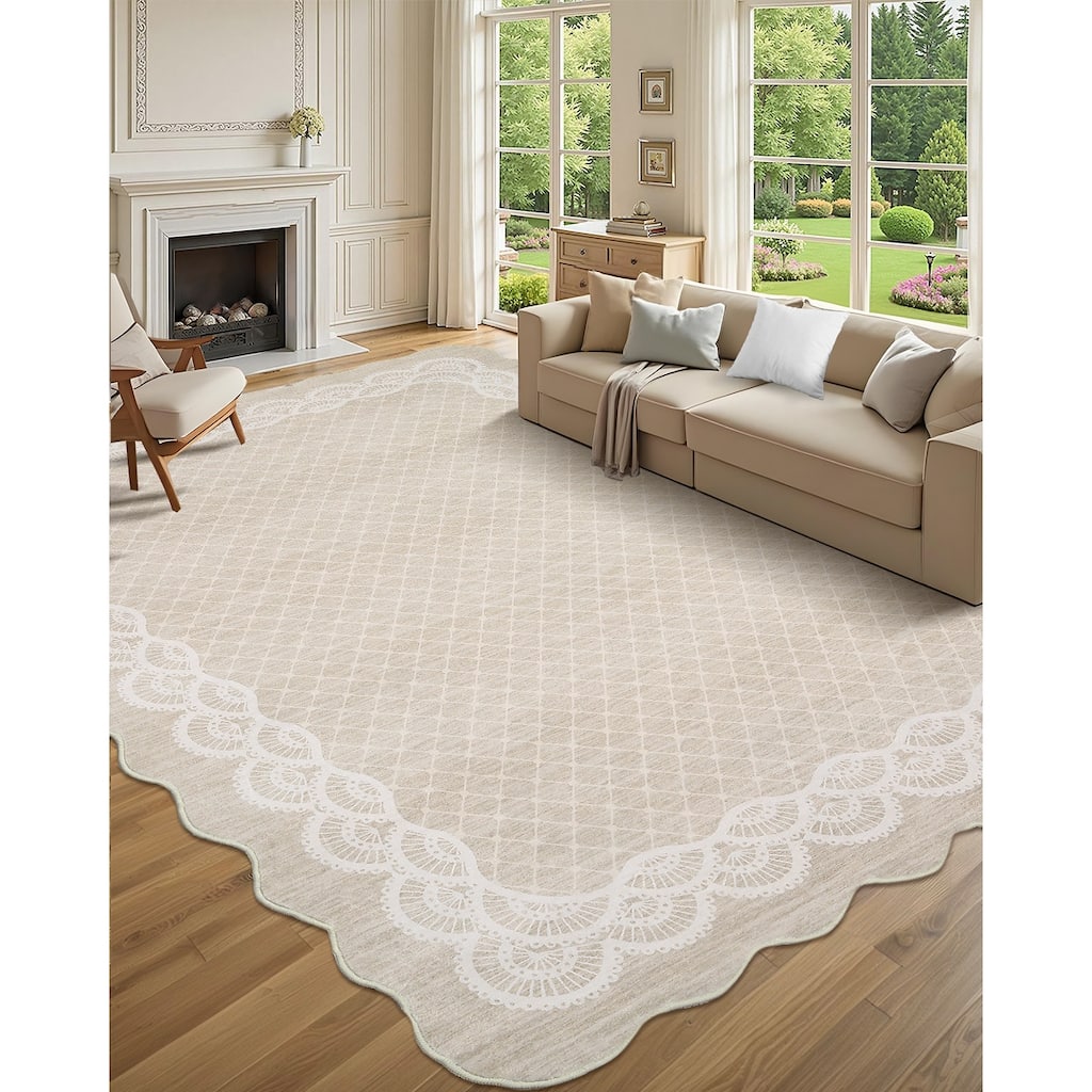 Garvee Lace Bordered Modern Geometric Scalloped Area Rug
