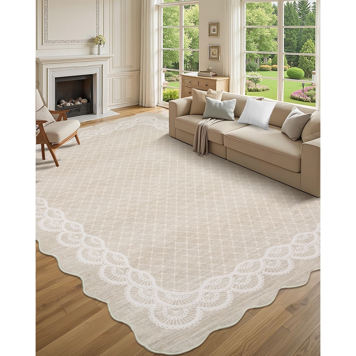 Garvee Lace Bordered Modern Geometric Scalloped Area Rug