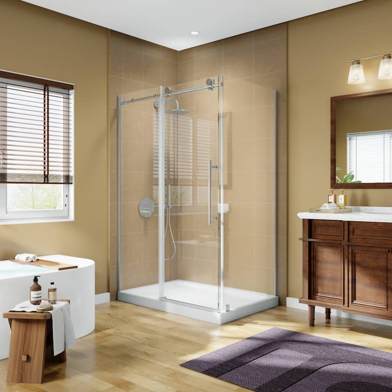 Modland 44-48" x 72'' Semi-Frameless Sliding Shower Enclosure - 3/8" SGCC Glass, Matte Black/Brushed Nickel