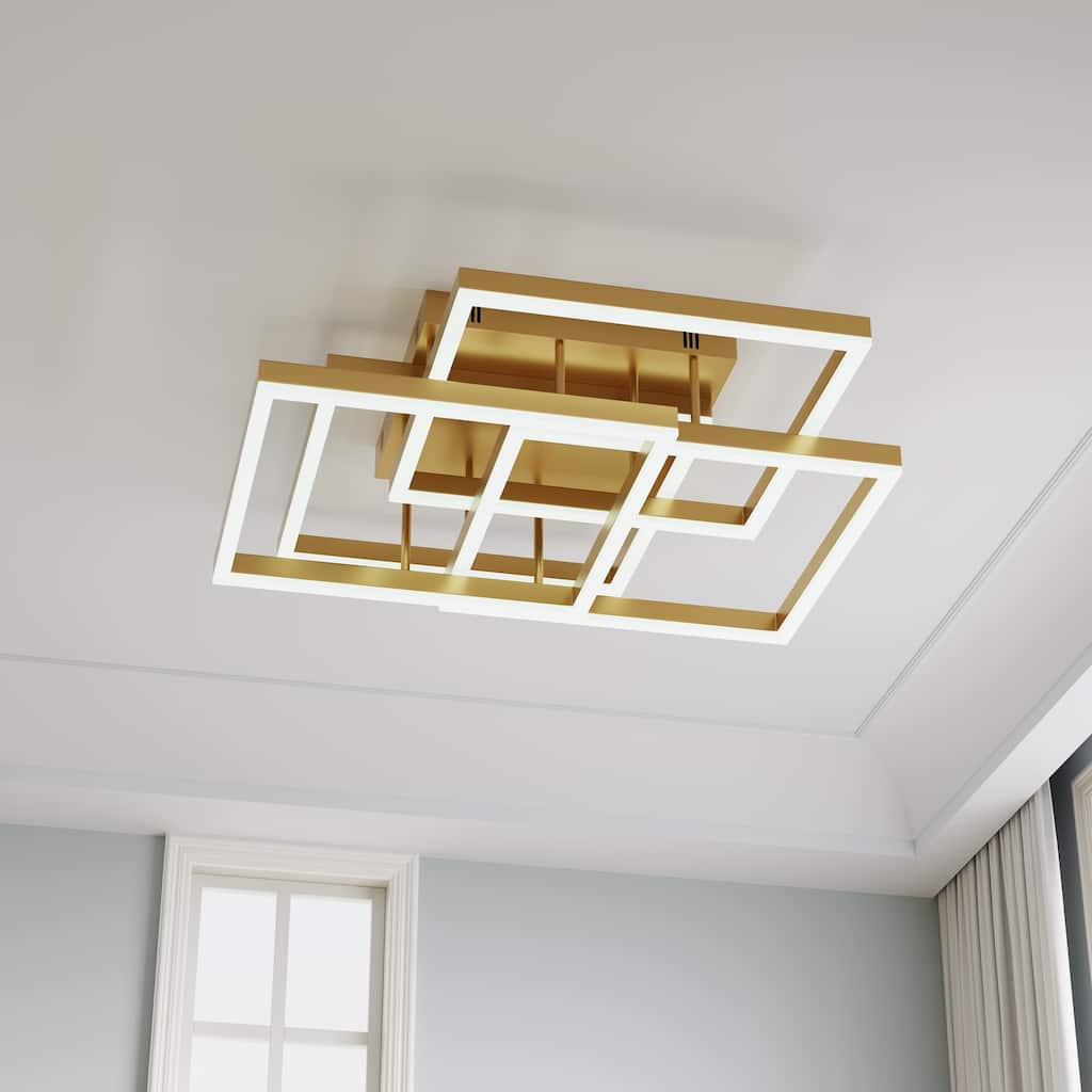 Modern Gold 4-Rectangle Dimmable LED Semi Flush Mount Ceiling Light Fixture