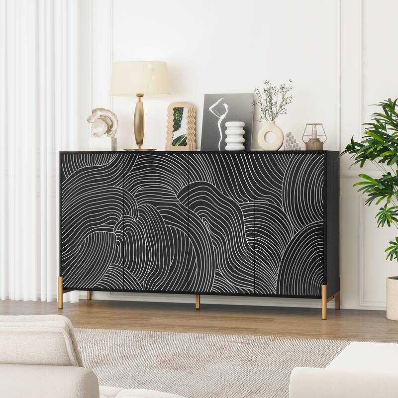 Carved 4 Door Sideboard, Sideboard Buffet Cabinet With Storage, Storage Cabinet with Adjustable Shelf for Living room