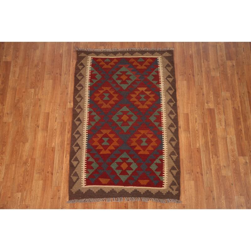 Reversible Kilim Rug Hand-woven Oriental Wool Foyer Carpet - 3'3" x 4'10"