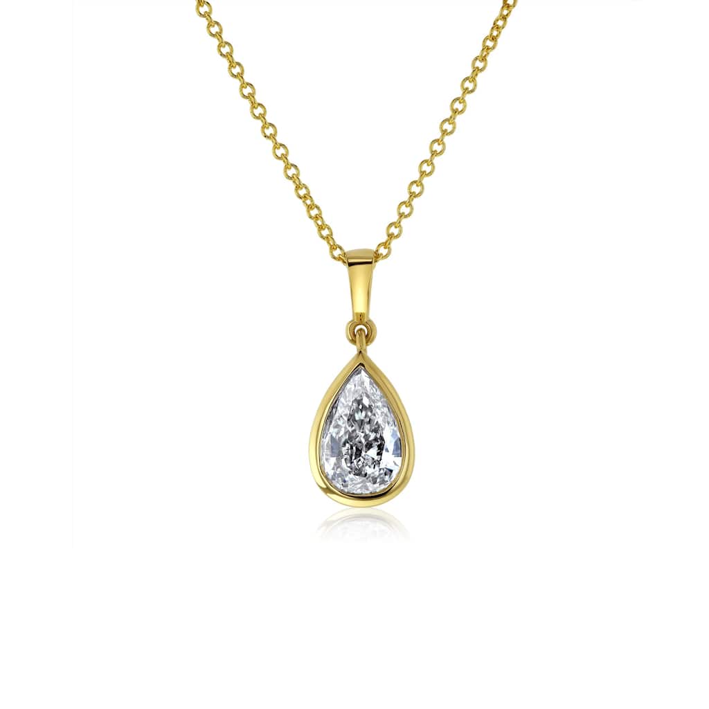 Kobelli 1.01 Carat Natural Diamond GIA Certified 18k Solid Yellow Gold Pear Bezel Solitaire Pendant & Chain Necklace (E/VVS2)