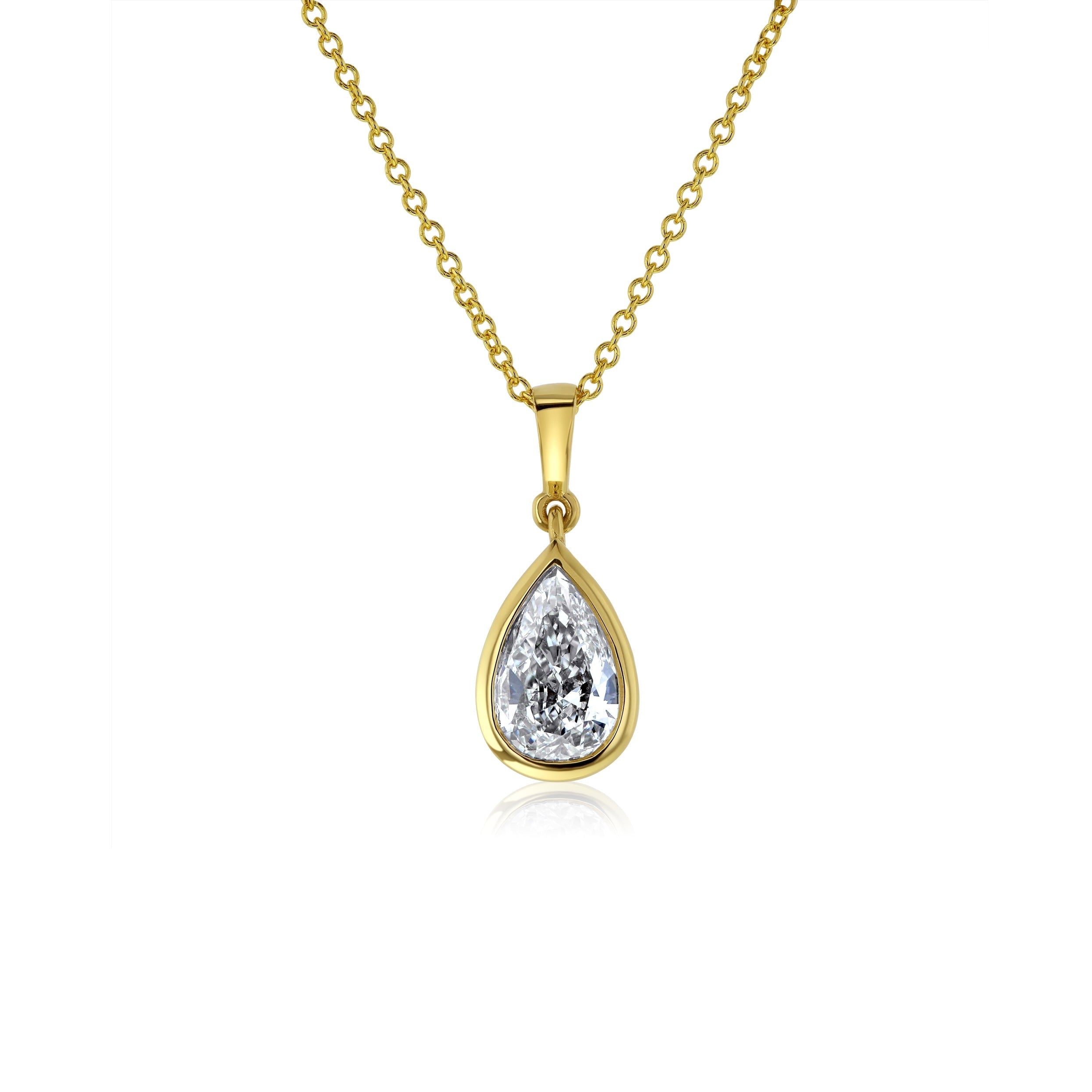 Kobelli 1.01 Carat Natural Diamond GIA Certified 18k Solid Yellow Gold Pear Bezel Solitaire Pendant & Chain Necklace (E/VVS2)