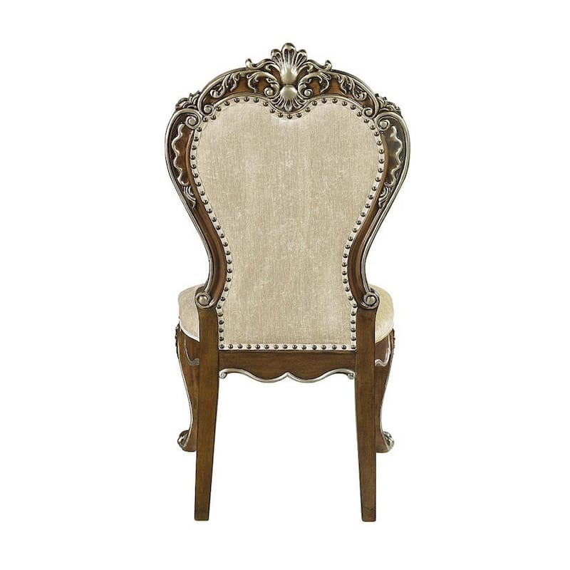 24 Inch Side Dining Chair, Set of 2, Vintage Oak Brown, Beige Chenille