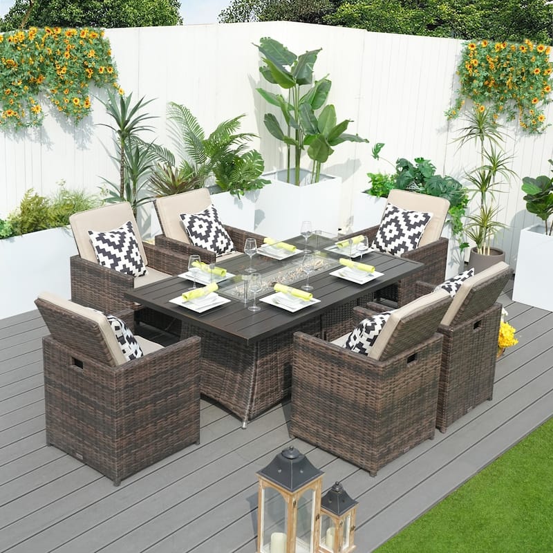 7-piece Outdoor Wicker Patio Dining Set with 6 Chairs and Aluminum Table Top Fire Pit Table - Brown