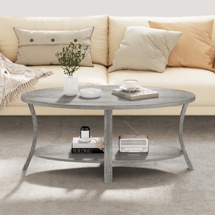 Grey Rubber Wood 2-Tier Coffee Table with Storage Shelf - 44” x 24” x 18.5”