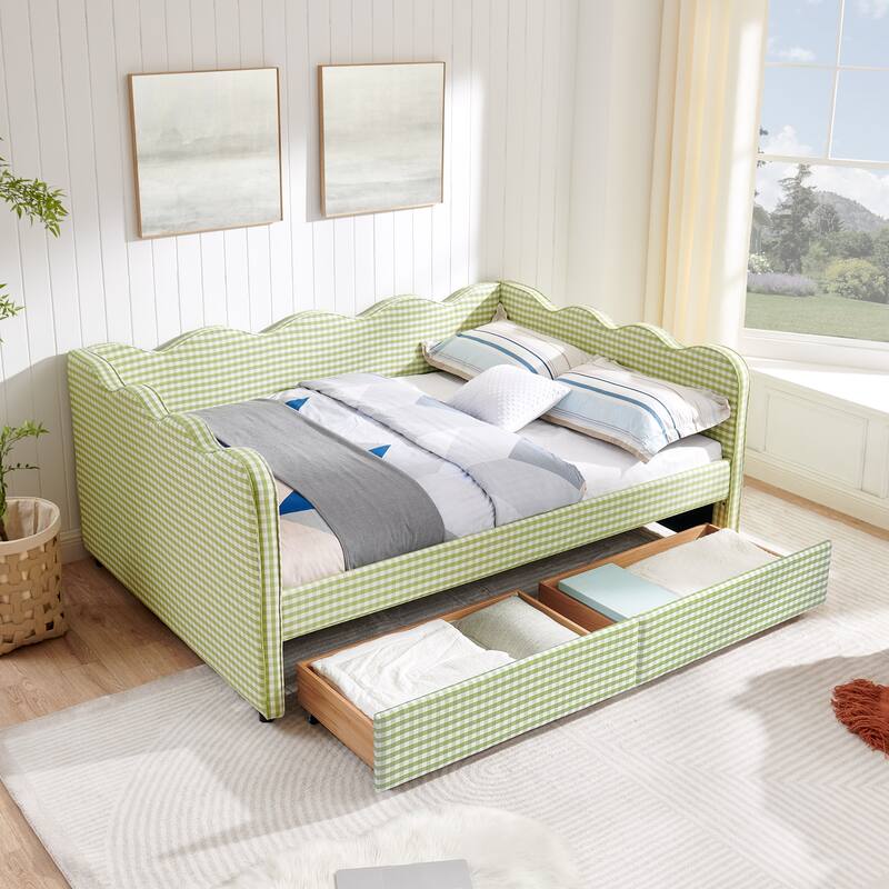 Full/Queen Gingham Daybed with 2 Storage Drawers, USB Port & Wave Shaped Linen Fabric