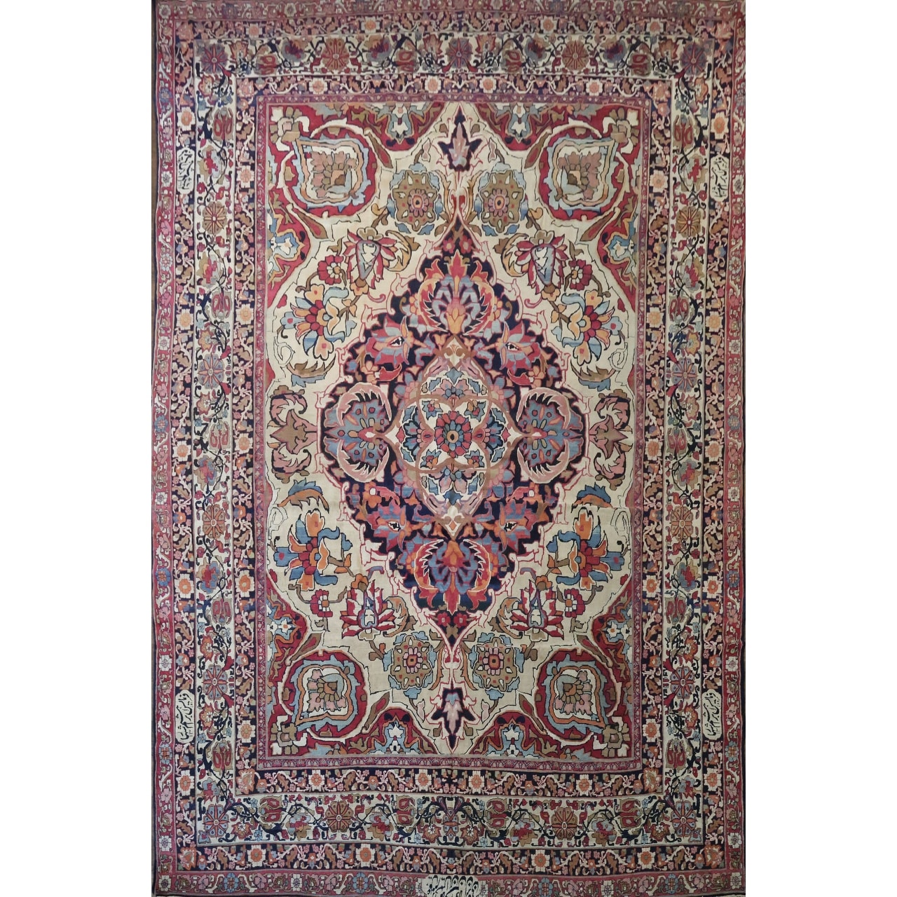 Hand Knotted Wool Traditional Floral Beige & Ivories Kerman Area Rug - 13' 4'' X 8' 10''