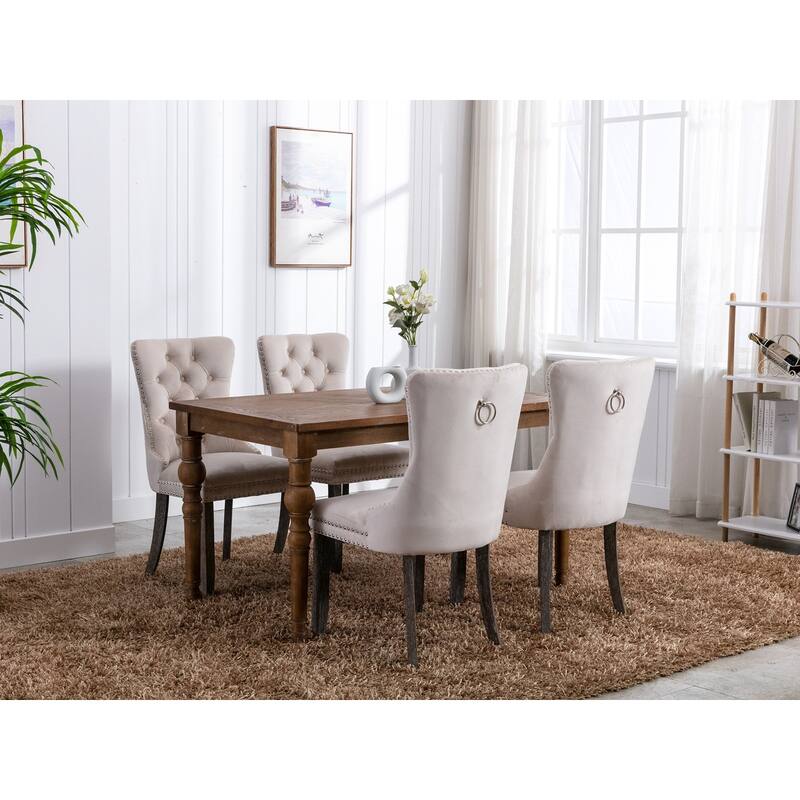 Modern Velvet Upholstered Dining Chair with Wood Legs,Set of 2 - Beige and Brown