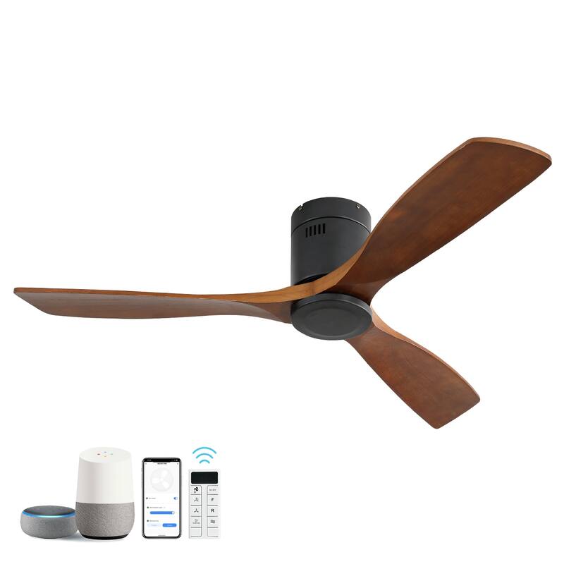 52 Inch Flush Mount Ceiling Fan Solid Wood Fan Blade Noiseless Reversible Motor Smart Remote Control With Light - Black
