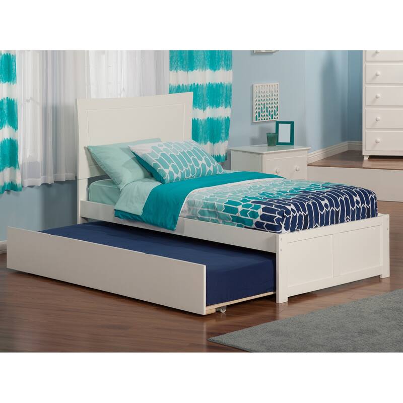Twin Platform Bed with Trundle & USB Charger - White Finish, Curved Headboard, Extra Sleeping Space