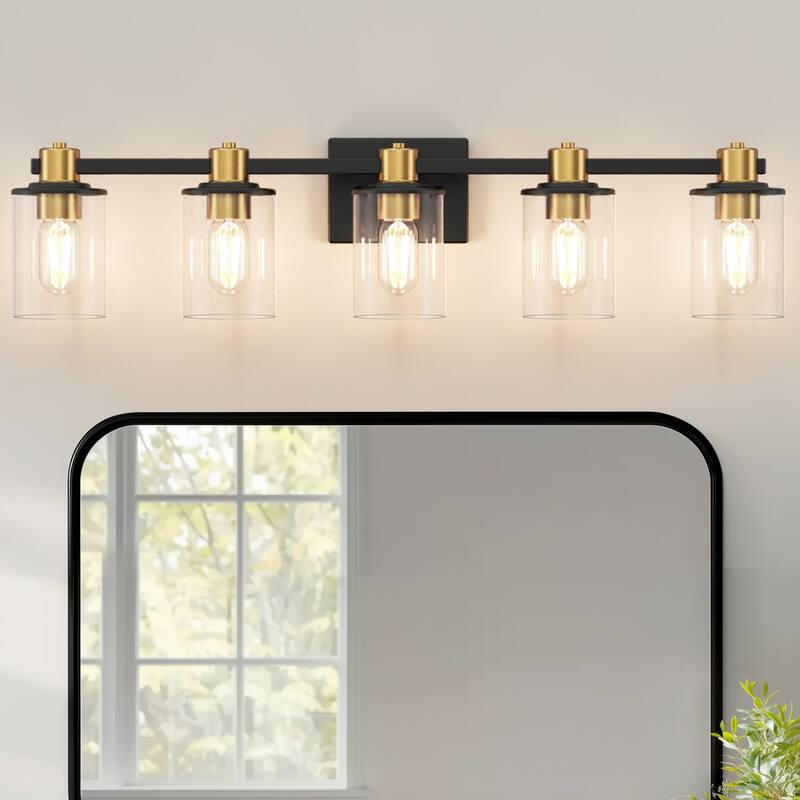YANSUN 31.5 in. 5-Light Black and Gold Vanity Light with Round Glass Shades for Timeless Bathroom Elegance