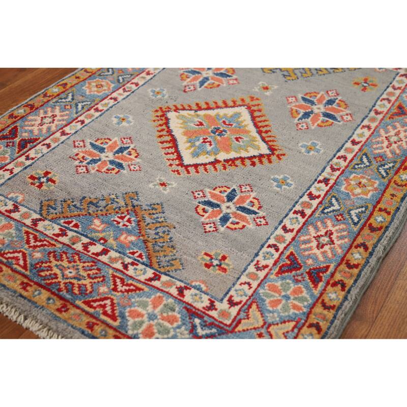Traditional Kazak Oriental Foyer Rug Hand-Knotted Grey Wool Carpet - 2'0"x 3'0"