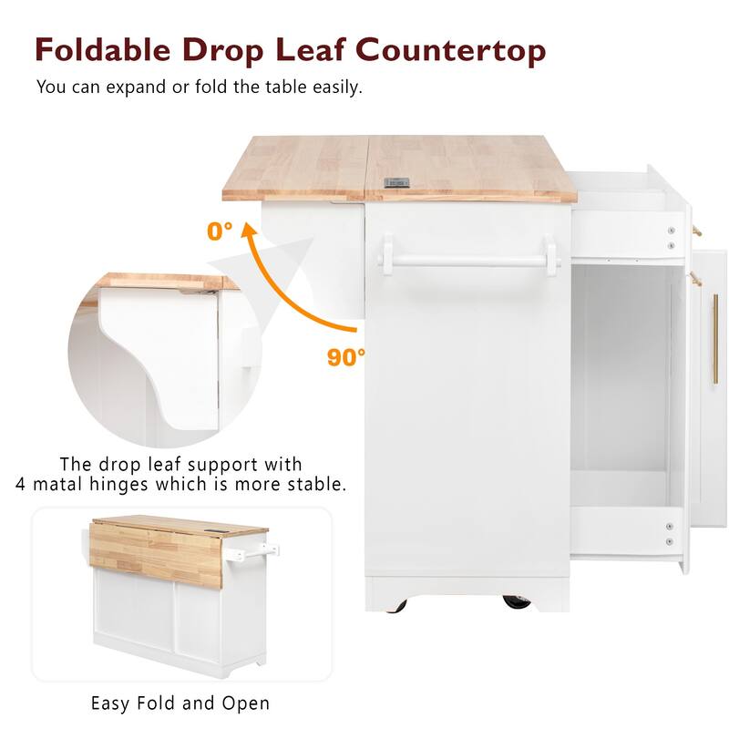59.3" Rolling Kitchen Island with Drop Leaf, Power Outlet & Trash Can Storage