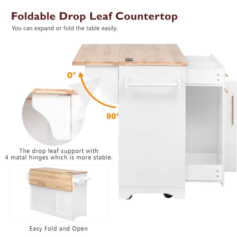 Rolling Kitchen Island Cart with 2 Pull Out Cabinet Organizers, Drop Leaf, Trash Can Storage, Power Outlet, Spice, Towel Rack