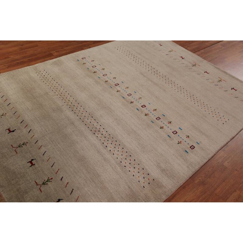 Tribal Gabbeh Oriental Rug Hand-Knotted Beige Modern Wool Carpet - 5'7" x 7'11"