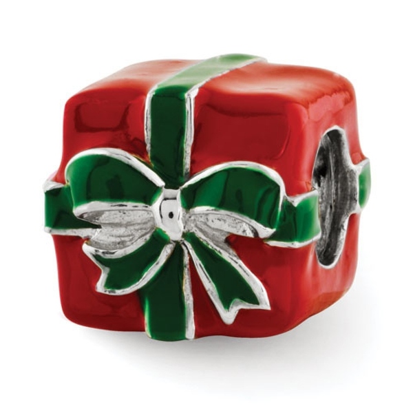 Sterling Silver Reflections Green & Red Enameled Present Bead (4mm Diameter Hole)