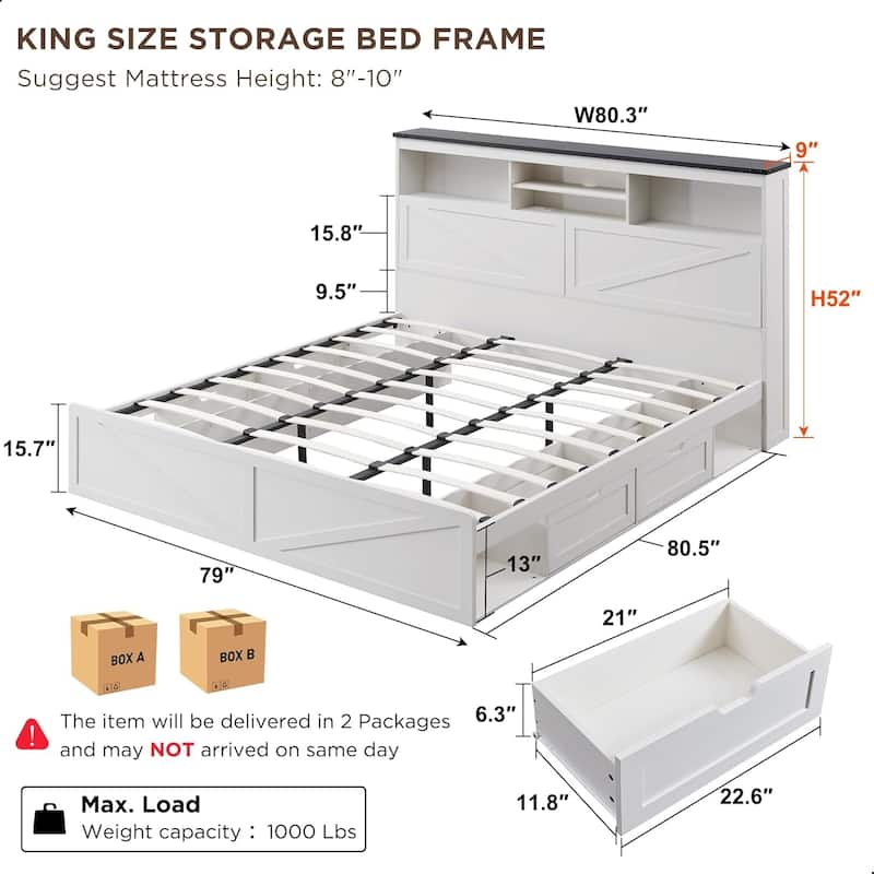 Farmhouse King Size Wood Bed Frame with Storage Headboard and Drawers