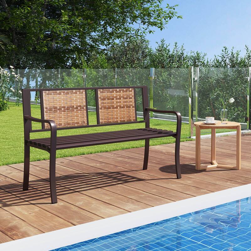 Costway Patio Garden Bench Steel Frame Rattan Backrest Park Yard - 21" x 51" x 33" (L x W x H)