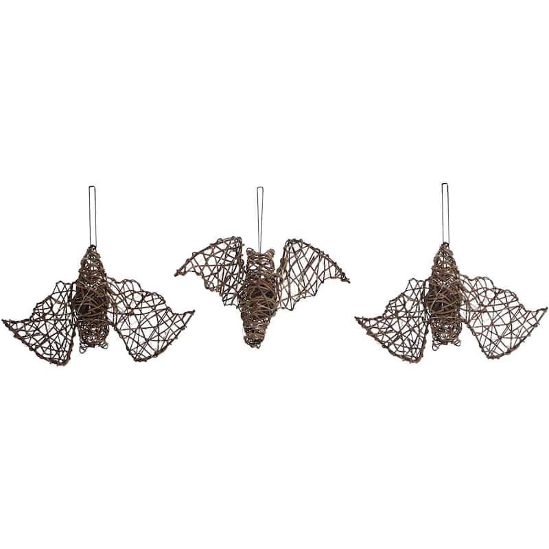 Haunted Hill Farm Set of 3 Battery-Operated Rattan Bats with Hanging Loops, Purple Lights, and Timer
