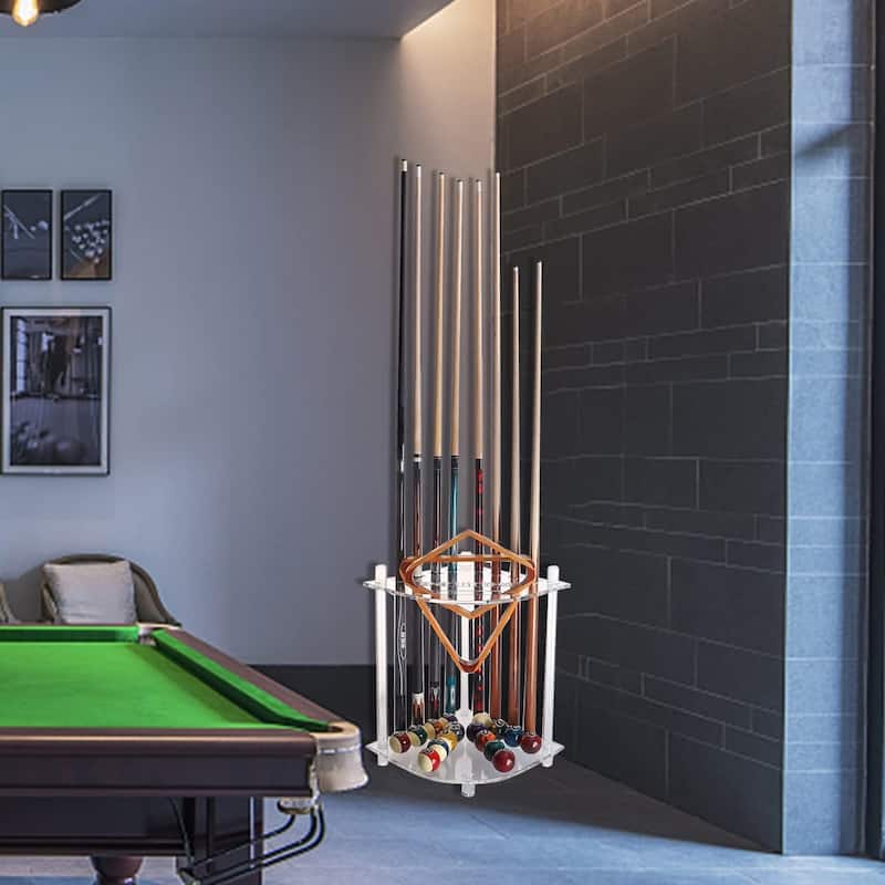 GSE™ Premium Clear Acrylic 8-Pool Cue Corner-Style Billiard Pool Cue Rack. Floor Stand Pool Cue Stick Holder - White